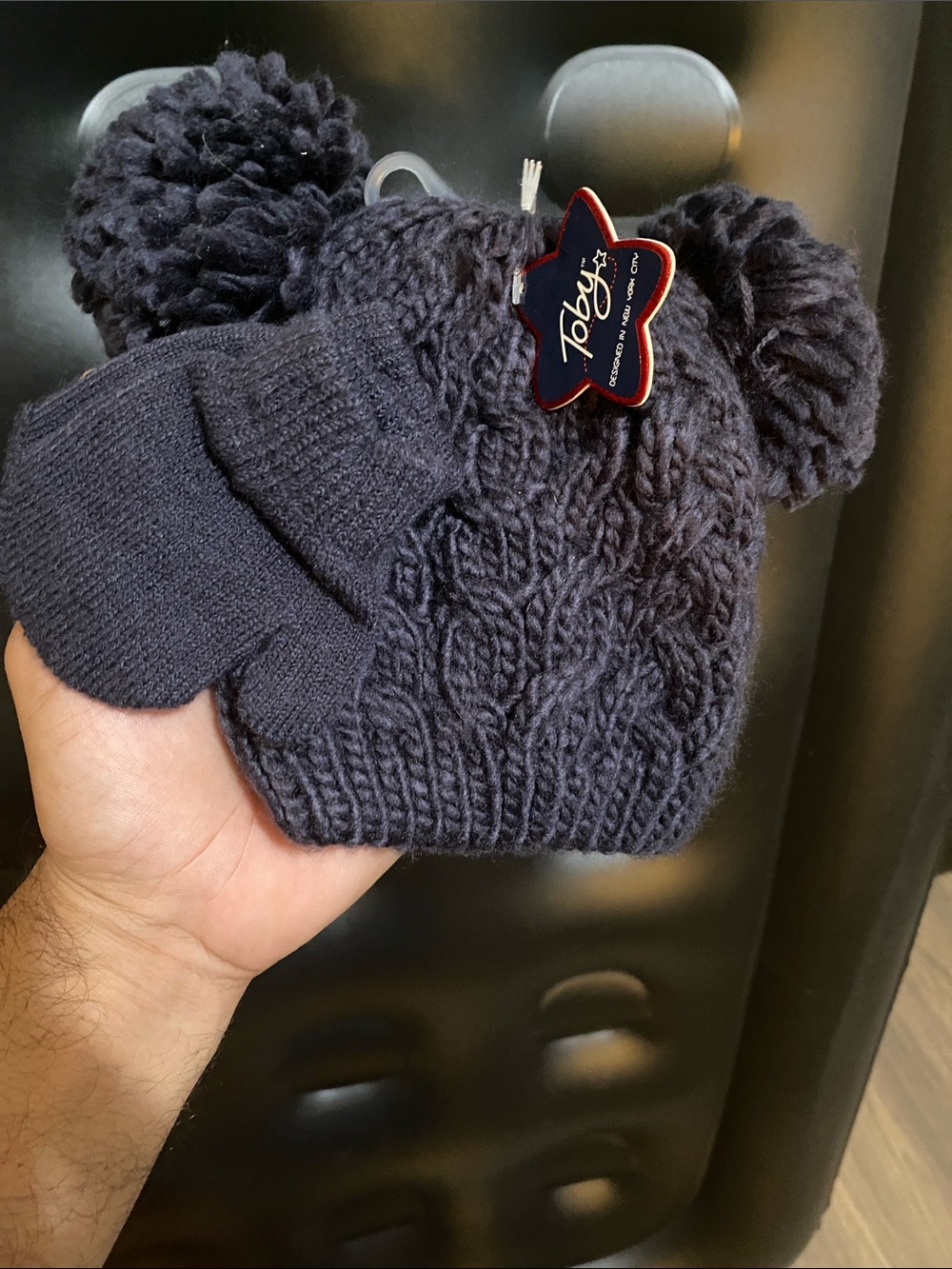 Toby Navy Knit Pom-Pom Kids Hat with Matching Mittens